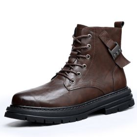 Autumn And Winter Cowhide Casual Men's Boots Thick Bottom Round Toe Warm (Option: Dark Brown Fleece Lined-38)