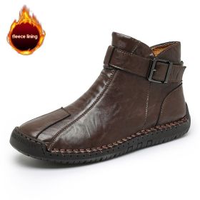 Cross-border Foreign Trade Hot Genuine Leather High-top Casual Men's Leather Boots (Option: Burgundy With Fleece Lining-38)