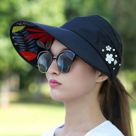 Wide Brim Sun Visor Foldable Picnic Hat Beach UV Protection Scallop Cap For Outdoor With Faux Pearl & Flower; Women's Hat & Caps (Color: 1# Black)