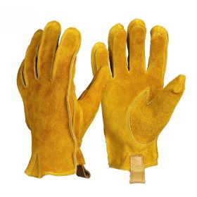 Man Work Gloves Stretchable Tough Grip Leather for Utility Construction Wood Cutting Cowhide Gardening Hunting Gloves 2010 (Color: Yellow-No Logo, size: L)