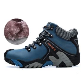 High quality Men's Hiking Shoes Outdoor High top Hunting Boots Men Genuine Leather Comfortable Trekking Boots (Color: Blue -A2027 Fur, size: 41)