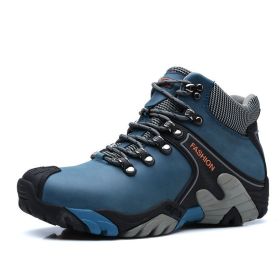 High quality Men's Hiking Shoes Outdoor High top Hunting Boots Men Genuine Leather Comfortable Trekking Boots (Color: Blue -A2027, size: 41)