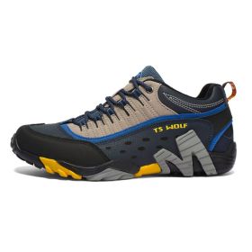 Outdoor Lover Trekking Shoes Men Waterproof Hiking Shoes Mountain Boots Genuine Leather Woodland Hunting Tactical Shoes (Color: Men-Dark blue-Yellow, size: 43)