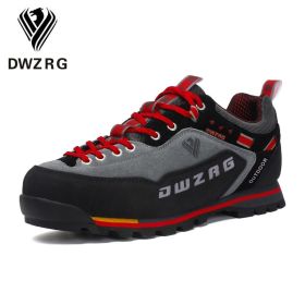 DWZRG Waterproof Hiking Shoes Mountain Climbing Shoes Outdoor Hiking Boots Trekking Sport Sneakers Men Hunting Trekking (Color: Gray Red, size: 47)