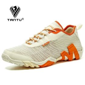 TANTU Mesh+Suede New Arrival Climbing Hunting Shoes Camping Breathable Hiking Men Shoes Non-Slip Outdoor Plus Size 39~46 (Color: Beige Orange, size: 43)