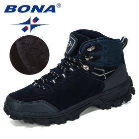 BONA New Designers Genuine Leather Hiking Shoes Winter Sneakers Men Mountain Man Tactical Hunting Footwear Plush Warm Shoes (Color: Deep blue S gray, size: 8)