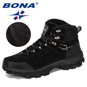 BONA New Designers Genuine Leather Hiking Shoes Winter Sneakers Men Mountain Man Tactical Hunting Footwear Plush Warm Shoes (Color: Black silver gray, size: 9)