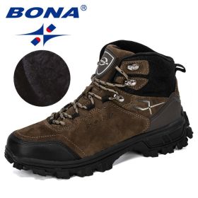 BONA New Designers Genuine Leather Hiking Shoes Winter Sneakers Men Mountain Man Tactical Hunting Footwear Plush Warm Shoes (Color: Brown, size: 10.5)