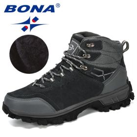 BONA New Designers Genuine Leather Hiking Shoes Winter Sneakers Men Mountain Man Tactical Hunting Footwear Plush Warm Shoes (Color: Dark grey S gray, size: 9)