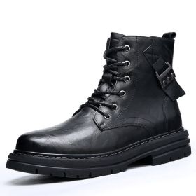 Autumn And Winter Cowhide Casual Men's Boots Thick Bottom Round Toe Warm (Option: Black Plus Velvet Fleece Lined-38)