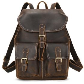 Casual Retro Crazy Horse Leather Travel Backpack (Option: Large Dark Brown)